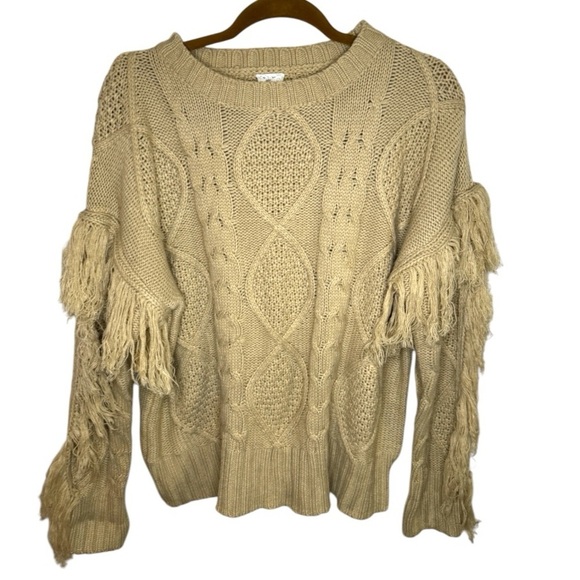 Sadie & Sage Anthropologie Tan Cable Knit Sweater with Fringe - Picture 1 of 5